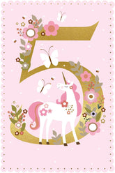 Unicorn & Flowers with Gold Foil Girls 5th Birthday Card