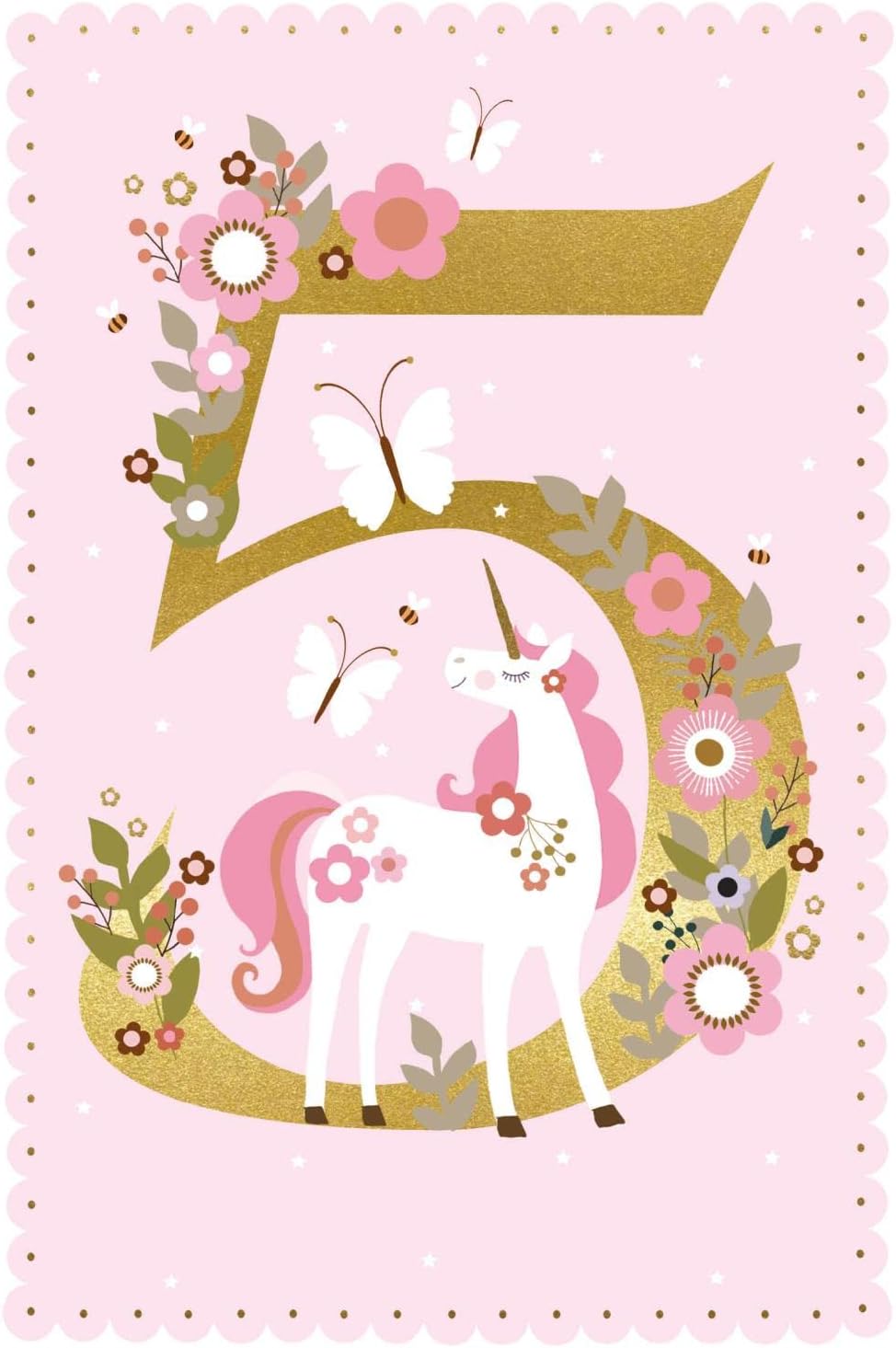 Unicorn & Flowers with Gold Foil Girls 5th Birthday Card